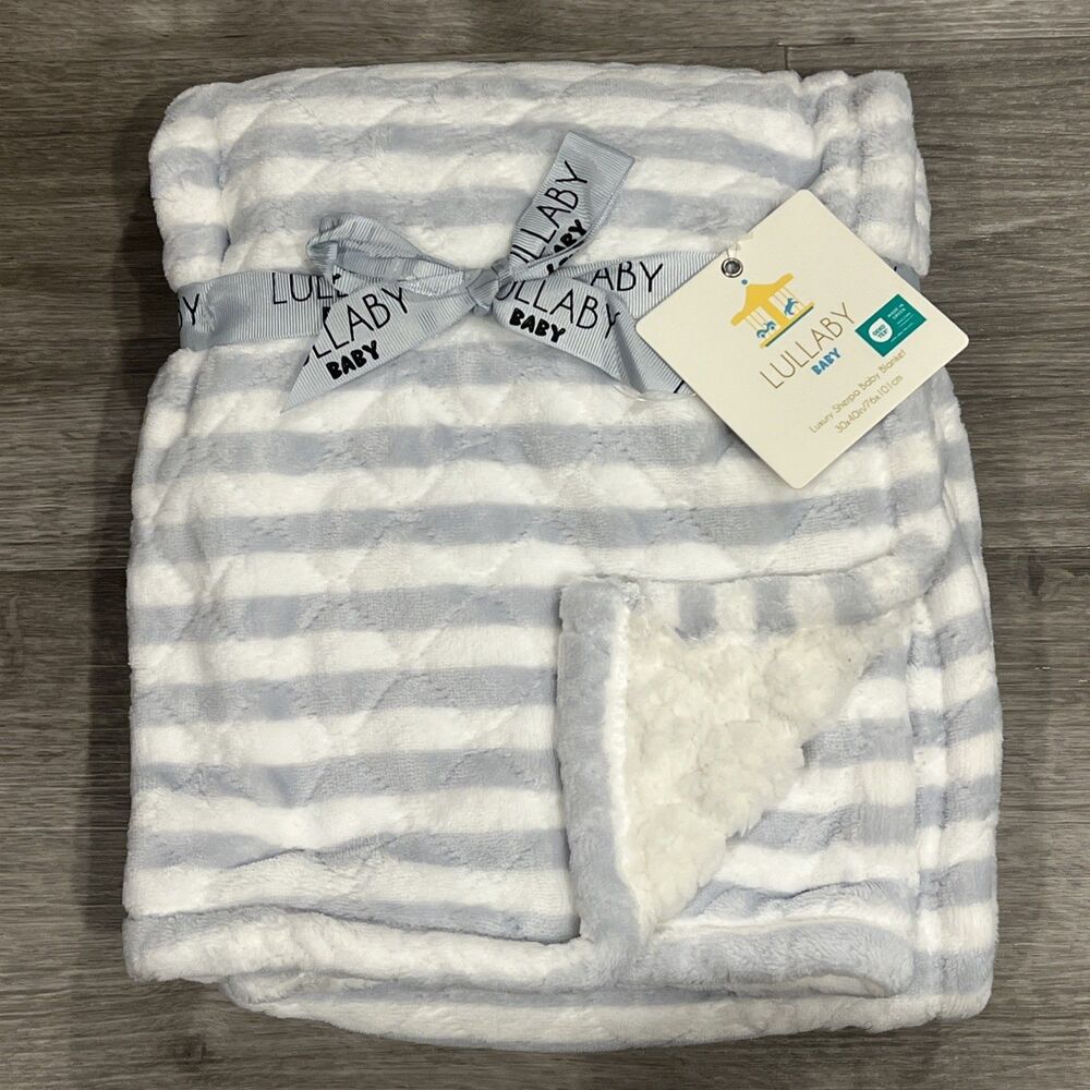 LULLABY KIDS Baby Blanket Gray White Stripes Luxury Sherpa Diamond Stitch New